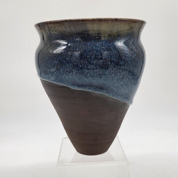 Handcrafted Two-Tone Ceramic Vase With Blue Textured Glaze & Brown Matte Finish - Picture 5 of 10